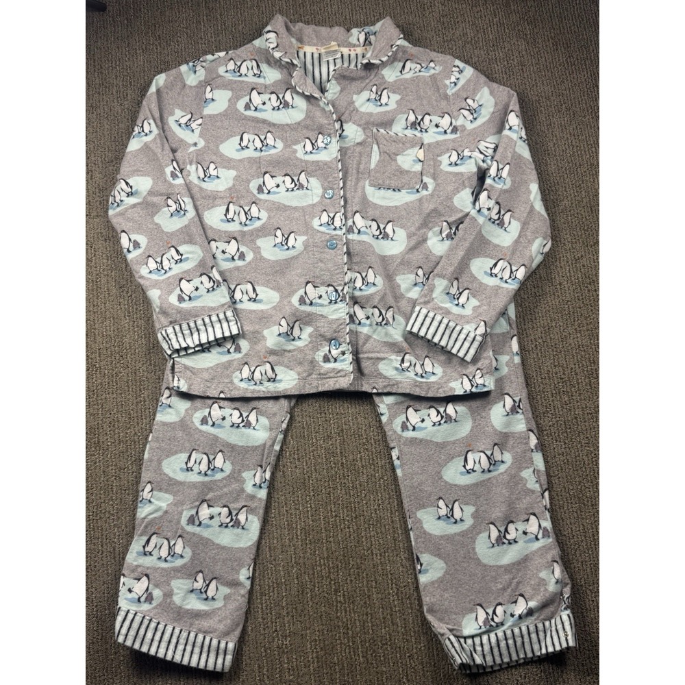 Munki Munki Penguin 2 Piece Classic Flannel Pajama Set Womens XL Button Up Grey